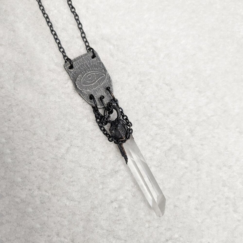Raw Quartz Crystal Point Evil Eye Protective Talisman Necklace - Witchy, Gothic